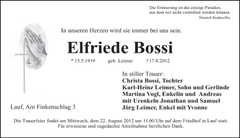 Traueranzeige von Elfriede Bossi von Pegnitz-Zeitung